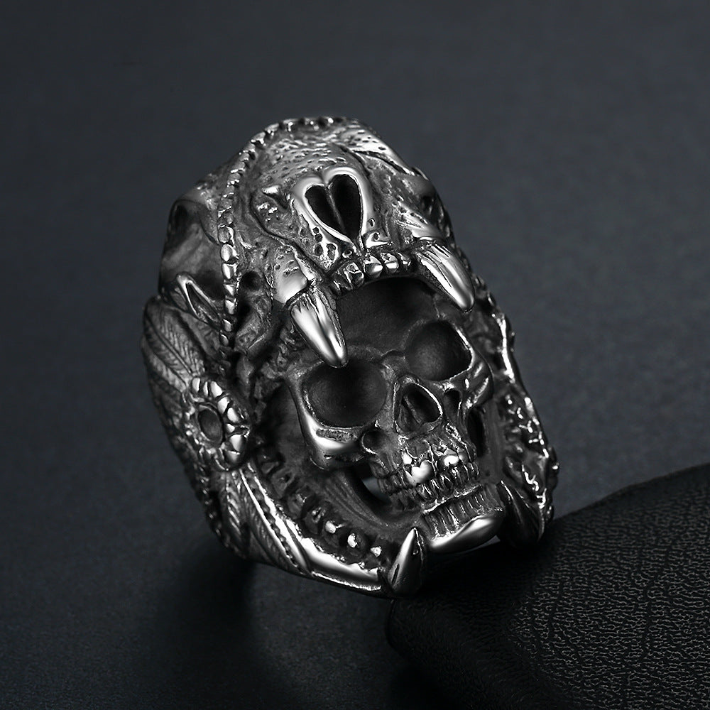 3D Beast Skull Wrapped Skeleton Wide Ring, S925 Silver Black / Antiqued Silver / Silver-Gold Two-Tone Heavy Dark Unisex Band