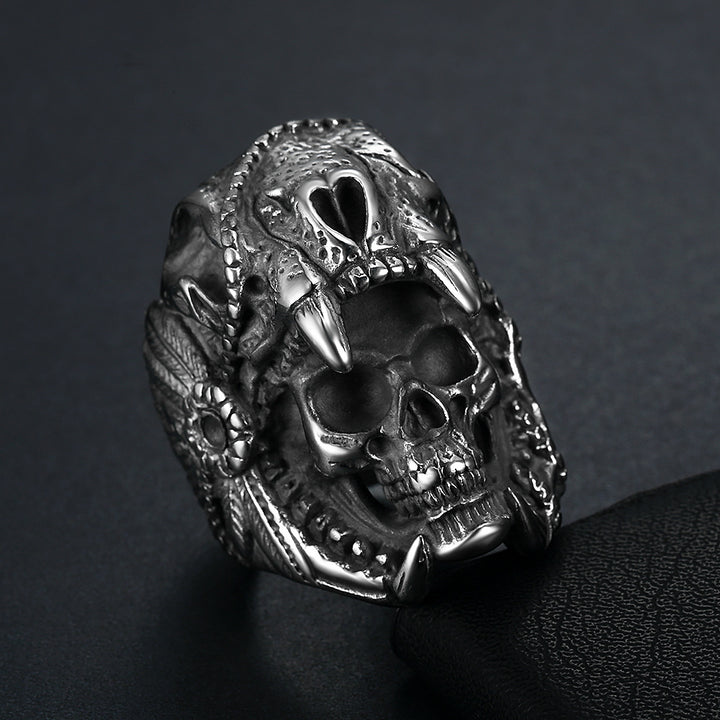 3D Beast Skull Wrapped Skeleton Wide Ring, S925 Silver Black / Antiqued Silver / Silver-Gold Two-Tone Heavy Dark Unisex Band