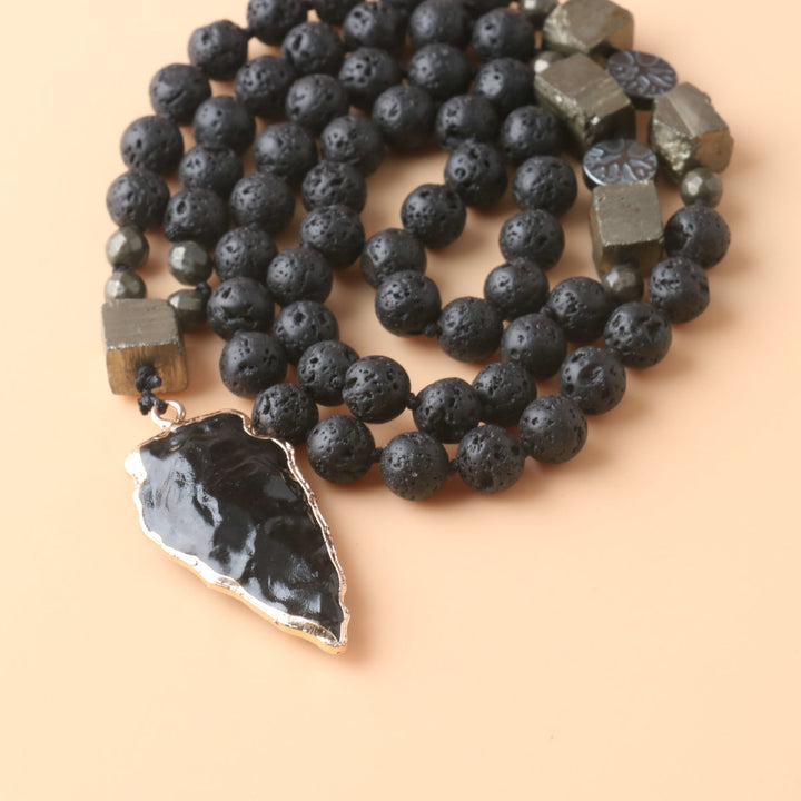 Lava Stone Pyrite Arrow Obsidian Pendant Long Necklace, Vintage Dark Style Stackable Necklace