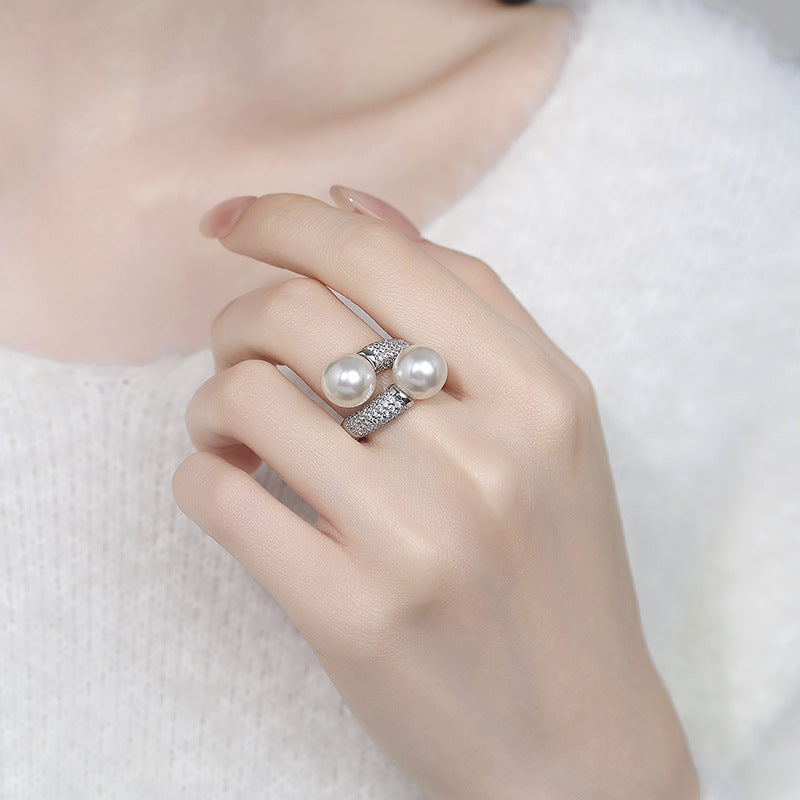 S925 Silver Double Pearl Open Ring, Luxury Paved Cross Pearl Ring for Women