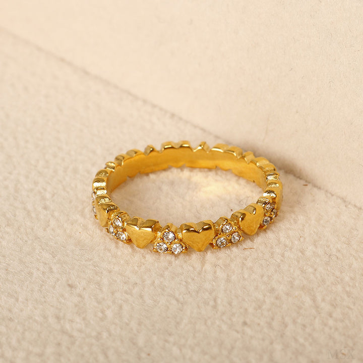 Full Row 3D Heart Paved Diamond Thin Ring, Sweet Girlish Heart Diamond Stackable Band, Gold & Silver Two-Tone Ring for Women