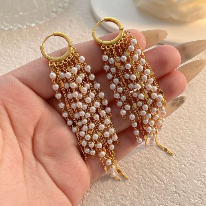 S925 Silver Long Pearl Tassel Hoop Earrings, Luxury Multi-layer Chain Pearl Drop Earrings, Gold & Silver Tone Face Slimming Earrings for Party