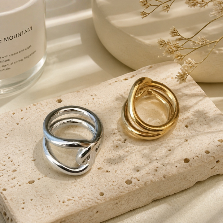Double Twisted Interlocked Plain Band Ring, Gold & Silver Minimalist Thick Polished Ring