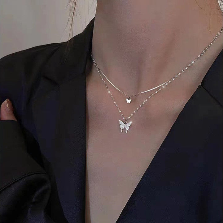 Double Layer Stacked Big & Small Butterfly Necklace, Pavé Butterfly Two-Tier Collarbone Chain, Silver Stacking Jewelry
