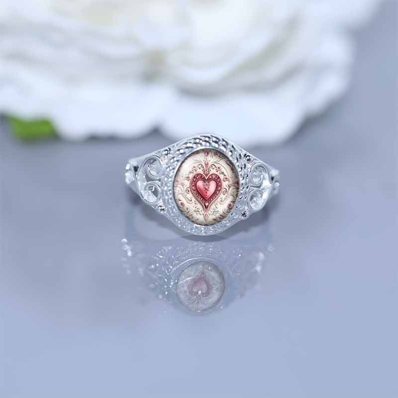 S925 Silver Vintage Heart‑Print Gemstone Ring, Openwork Scroll Pattern Unique Ring for Women