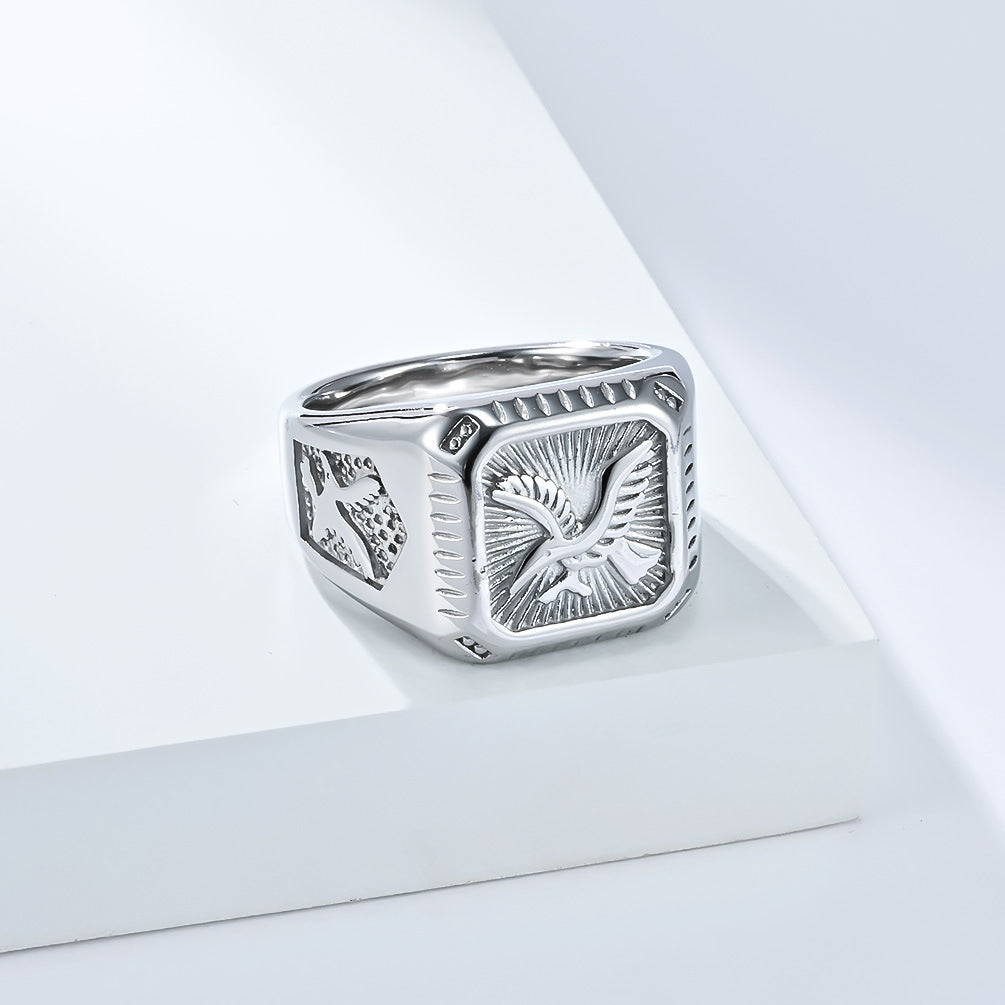 Vintage Embossed Eagle Square Men Ring, Gold & Silver Retro Wide Band Business Statement Signet Ring
