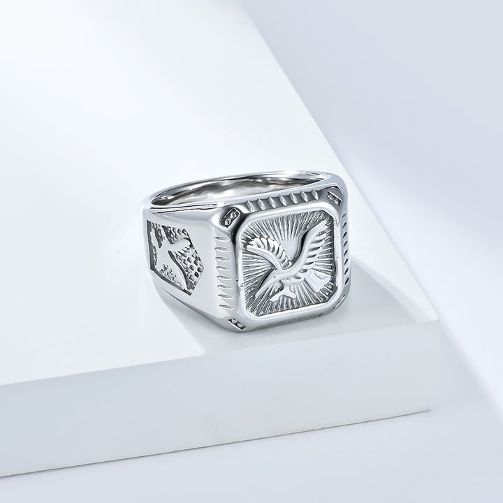 Vintage Embossed Eagle Square Men Ring, Gold & Silver Retro Wide Band Business Statement Signet Ring