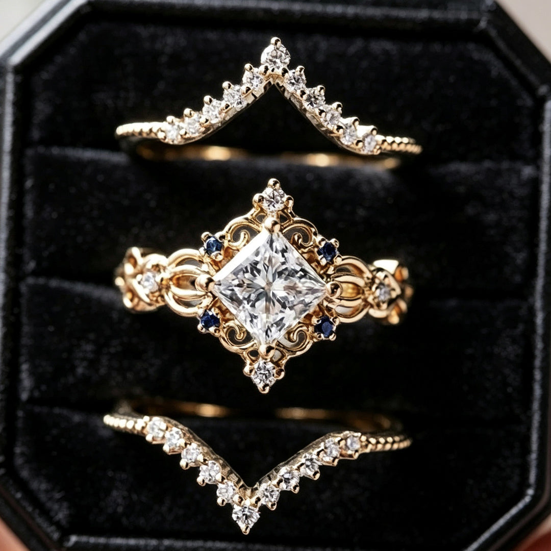 Vintage Filigree Princess Cut Sapphire 3-Piece Ring Set, Solid S925 Silver Gold Tone Bridal Stackable Jewelry Set