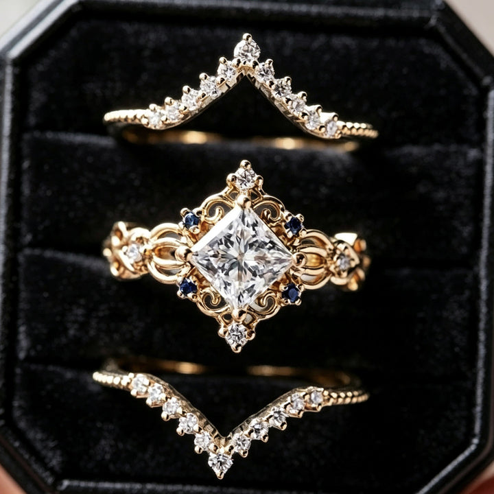 Vintage Filigree Princess Cut Sapphire 3-Piece Ring Set, Solid S925 Silver Gold Tone Bridal Stackable Jewelry Set