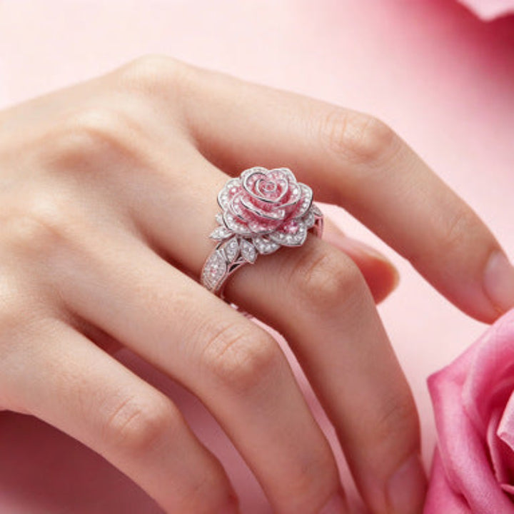 3D Pink‑Rose Pave‑Set Flower Ring