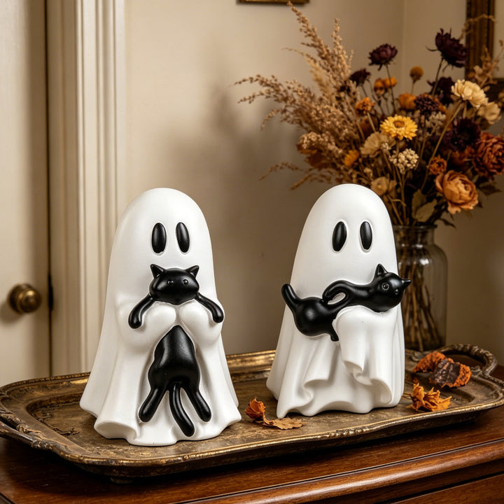 Ghost With Interchangeable Black Cat Figurine, Halloween Home Decor