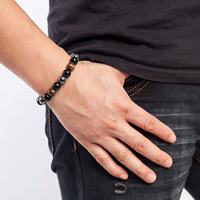 Obsidian Tiger's Eye Hematite Mixed Bead Bracelet, Men Multi‑Gemstone Single Strand Round Bead Bracelet, Unisex Vintage Jewelry