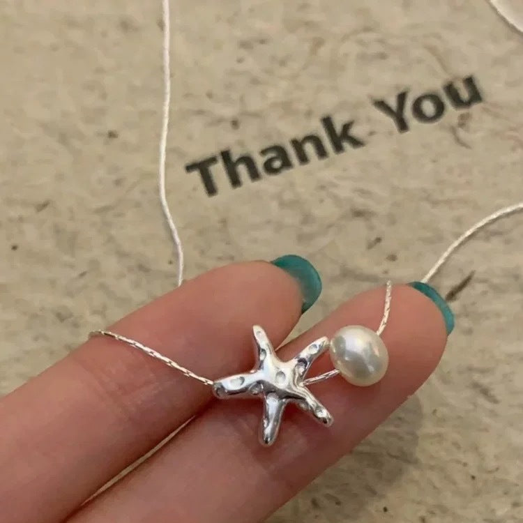 Starfish & Pearl Pendant Necklace (Silver Ocean-Inspired Choker)