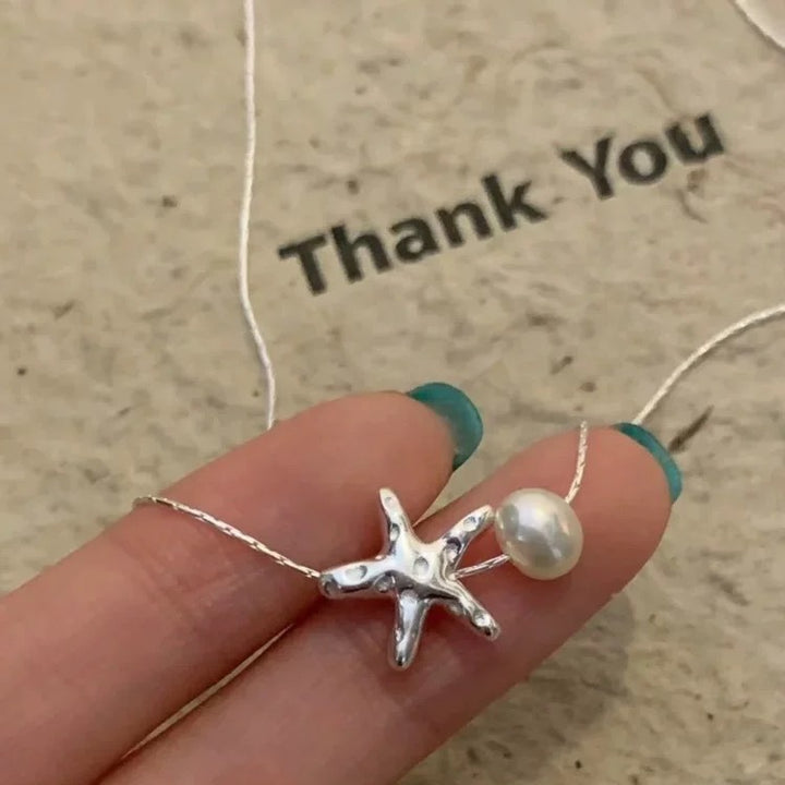 Starfish & Pearl Pendant Necklace (Silver Ocean-Inspired Choker)