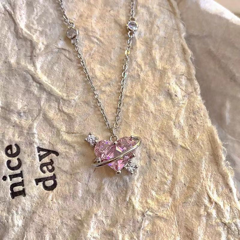 Planet Heart Diamond Necklace, Sweet Saturn Wrapped Heart Collarbone Chain, Pink & Clear Diamond Available