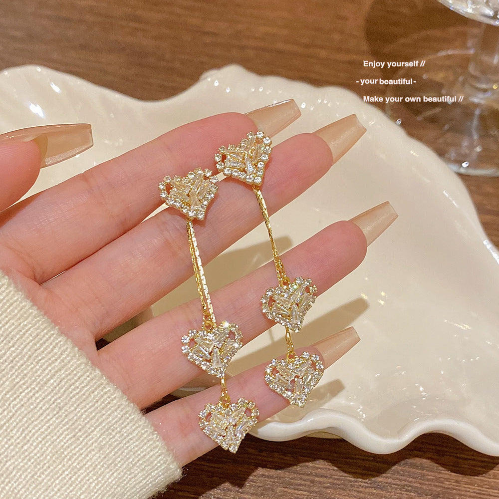 Luxury Hollow Heart Tassel Diamond Drop Earrings (Gold Tone Elegant Long Statement Earrings)