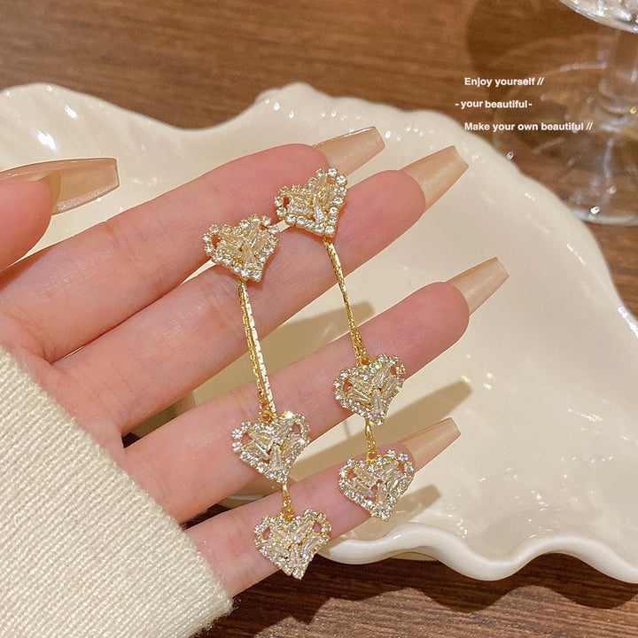 Luxury Hollow Heart Tassel Diamond Drop Earrings (Gold Tone Elegant Long Statement Earrings)