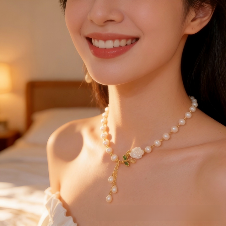 S925 Silver Rose Pearl Tassel Necklace, French Gentle Style Camellia Adjustable Pearl Clavicle Chain