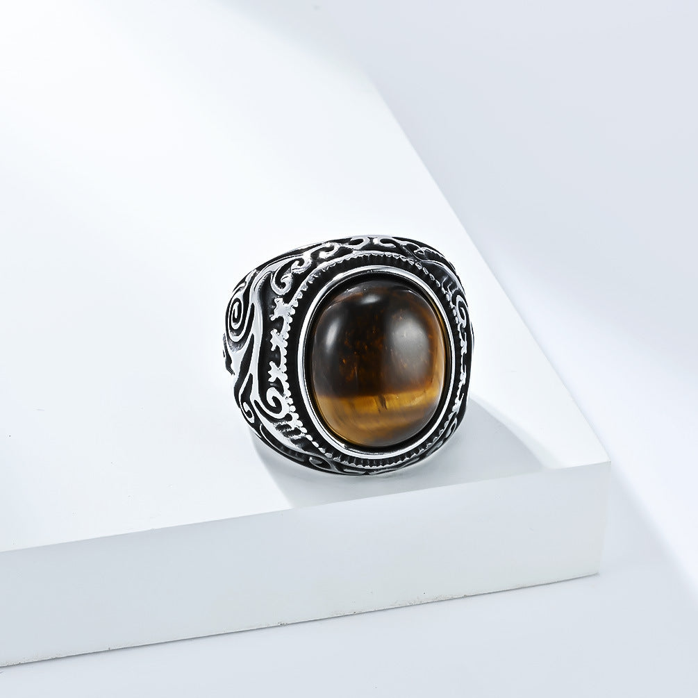 Vintage Scroll Pattern Oval Gemstone Signet Ring, S925 Silver Silver & Matte Black Two Tone Men Wide Band with Tiger Eye, Howlite, Crack Stone