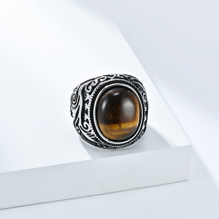 Vintage Scroll Pattern Oval Gemstone Signet Ring, S925 Silver Silver & Matte Black Two Tone Men Wide Band with Tiger Eye, Howlite, Crack Stone