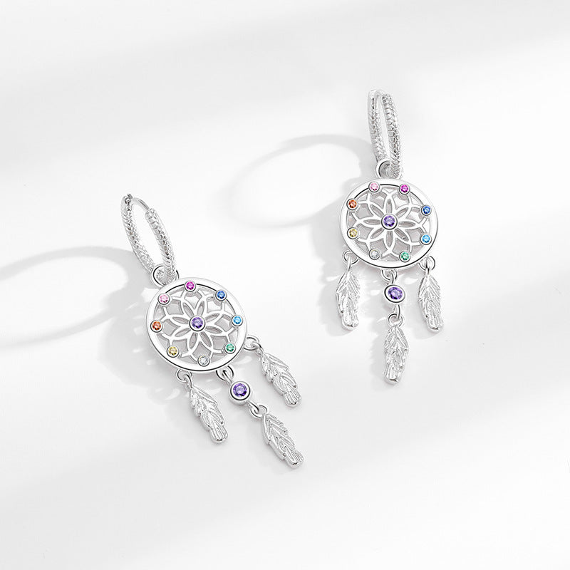 S925 Silver Dreamcatcher Feather Hoop Earrings