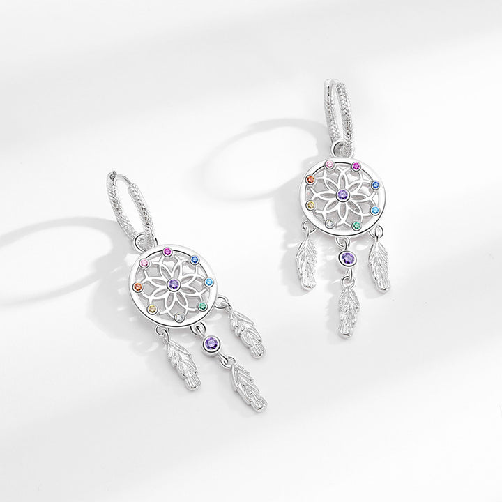 S925 Silver Dreamcatcher Feather Hoop Earrings