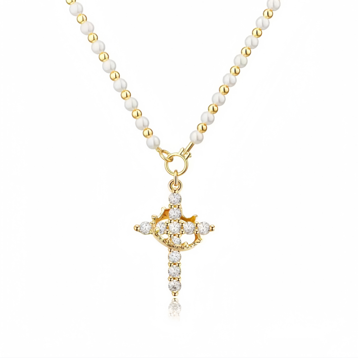 Gold-White Contrast Pearl & Pave Cross Necklace (Sweet-Cool Retro Light Luxury Style)