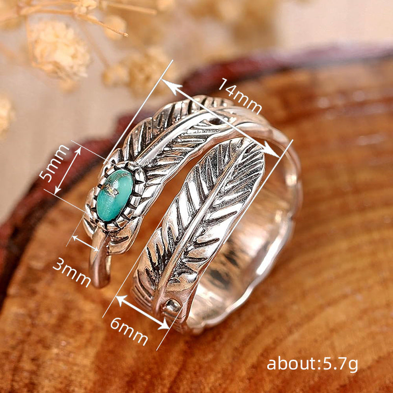 Vintage Feather Turquoise Open Adjustable Ring, Ethnic Antique Silver Unisex Wrap Statement Ring
