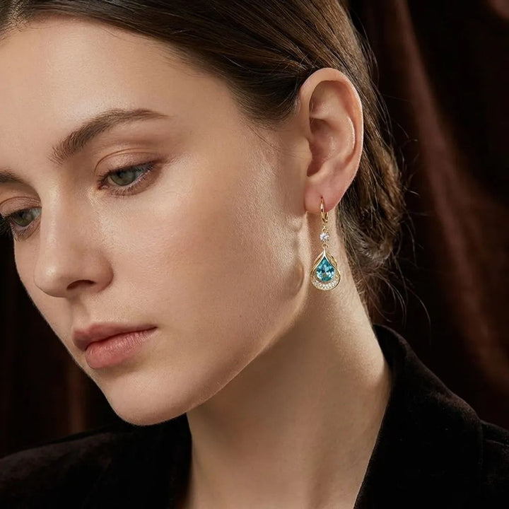 Hollow Waterdrop Gem Hoop Earrings, Luxury Teardrop Gem Dangle Earrings, 3 Colors For Women