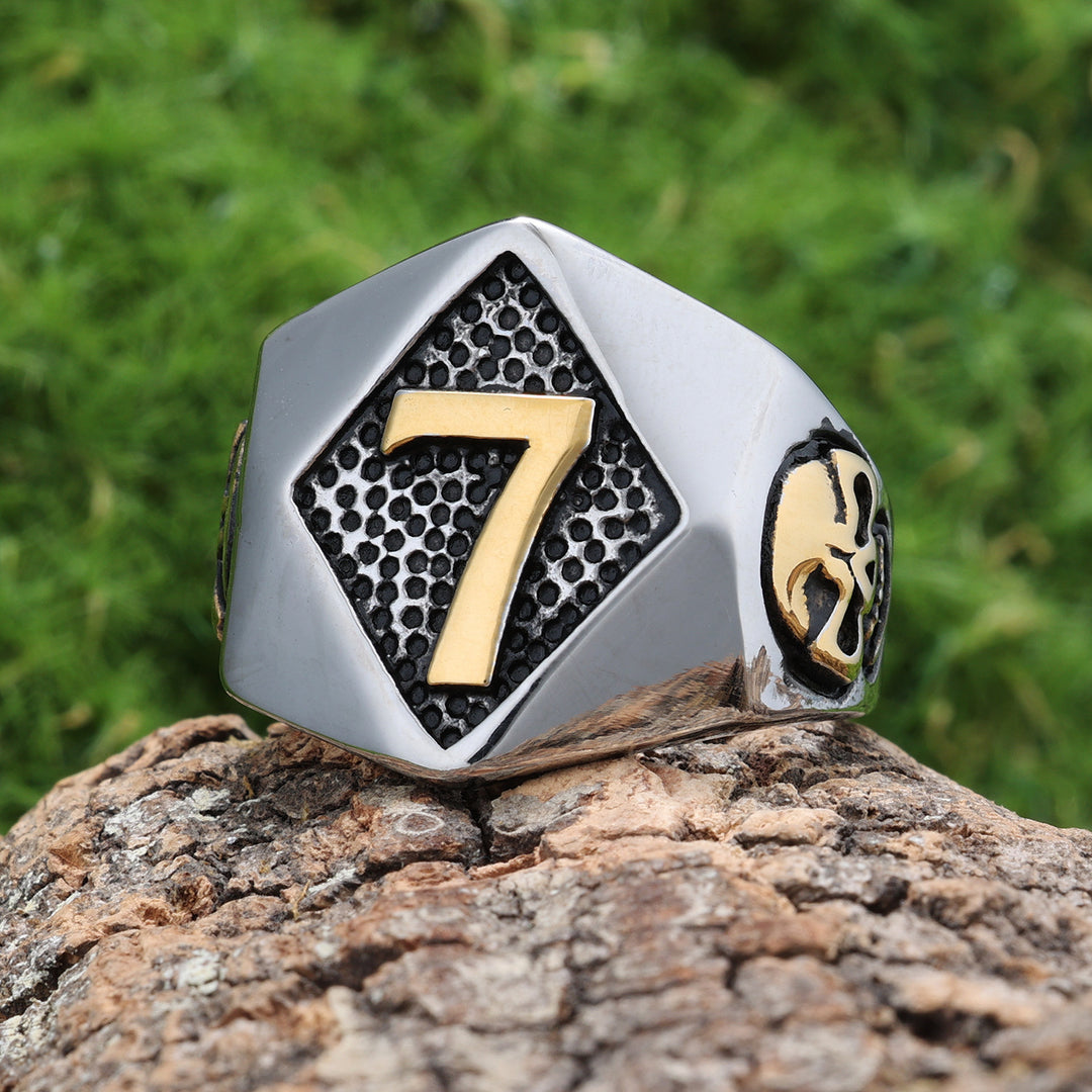 Lucky Number 7 Symbol Ring (Vintage American Biker Style Band)