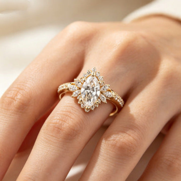 Marquise Diamond Sunflower Halo S925 Silver Ring, Vintage Paved Women Engagement Ring