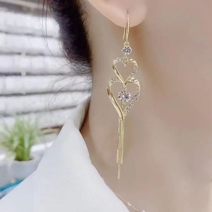 Double Heart Tassel Pavé Drop Earrings (Light Luxury Niche Long Earrings)