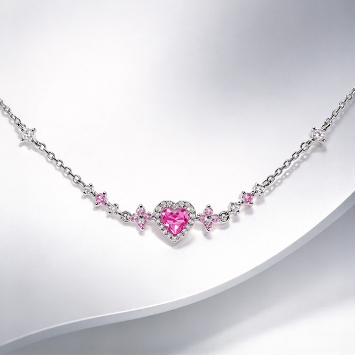 S925 Silver Pink Heart Diamond Choker, Sweet Floral Pink Diamond Necklace for Women, Gold & Silver Two Tones