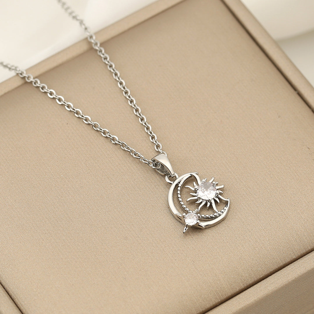 Sun‑Moon Star Diamond Pendant Necklace, Gold & Silver Two‑Color Options