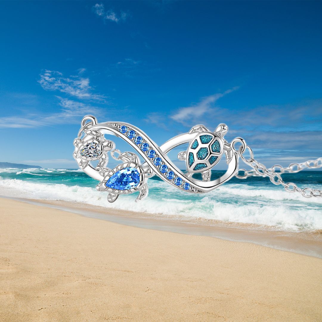 Infinity Three Sea Turtles Blue Diamond Necklace, S925 Sterling Silver Ocean Style Clavicle Jewelry
