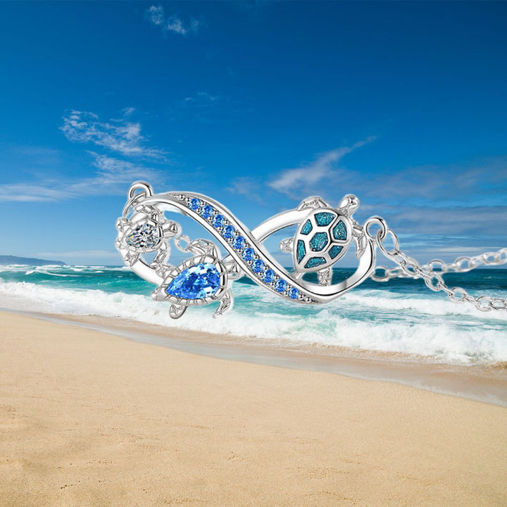 Infinity Three Sea Turtles Blue Diamond Necklace, S925 Sterling Silver Ocean Style Clavicle Jewelry