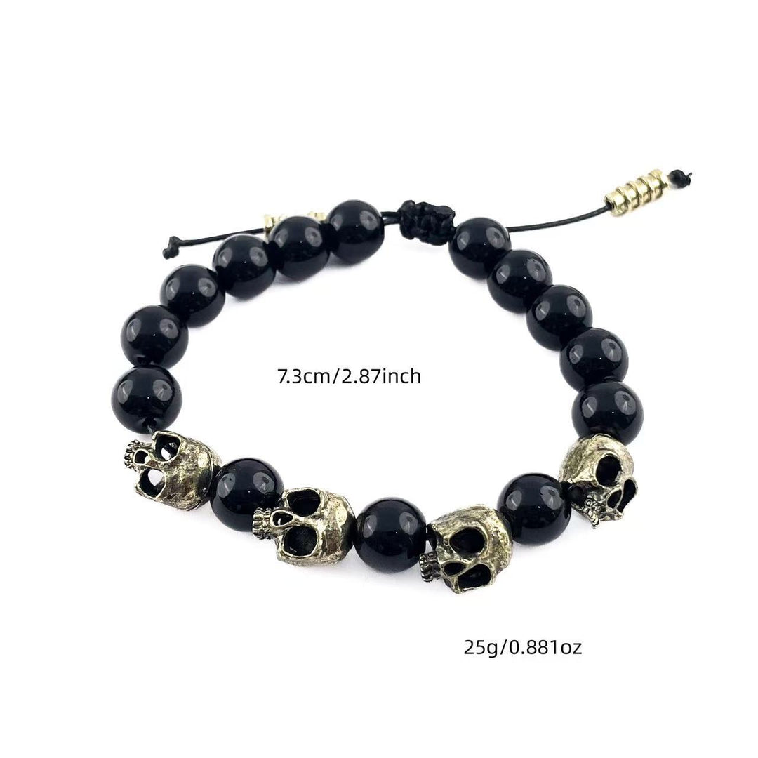 Vintage Skull Natural Stone Adjustable Braided Bracelet, Tiger Eye & Obsidian Dark Street Unisex Beaded Wrist Jewelry