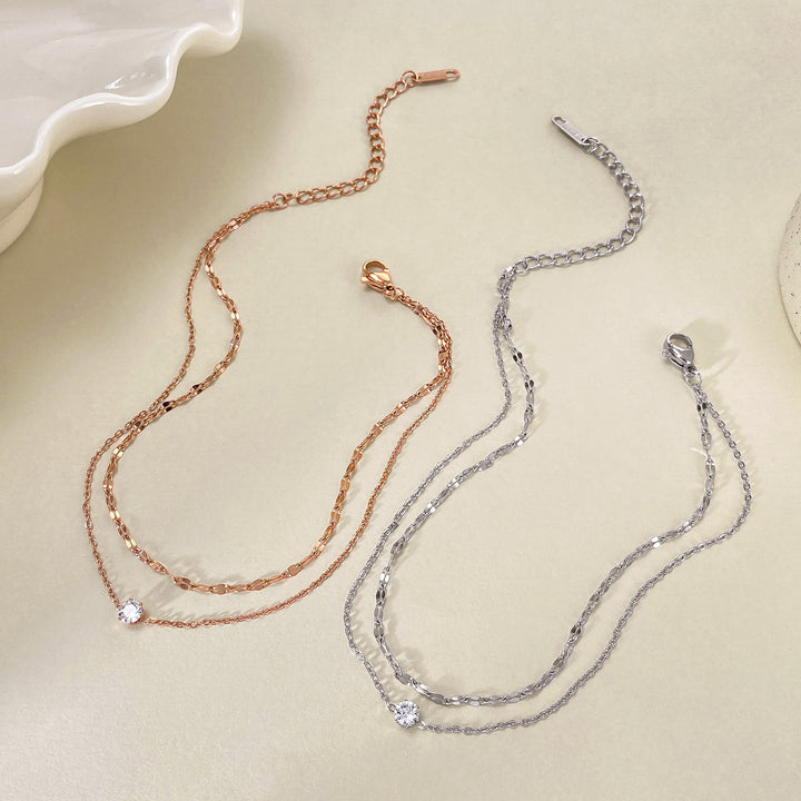 Double Layer Shiny Chain Single Diamond Anklet, Gold Silver Rose Gold Adjustable Summer Beach Ankle Jewelry for Women
