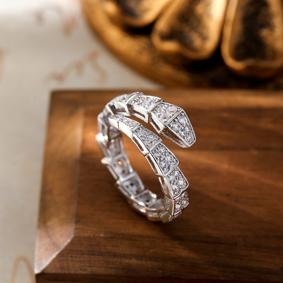 Full Pave Diamond Snake Open Ring, Gold & Silver Tone Luxury Segmented Serpent Band