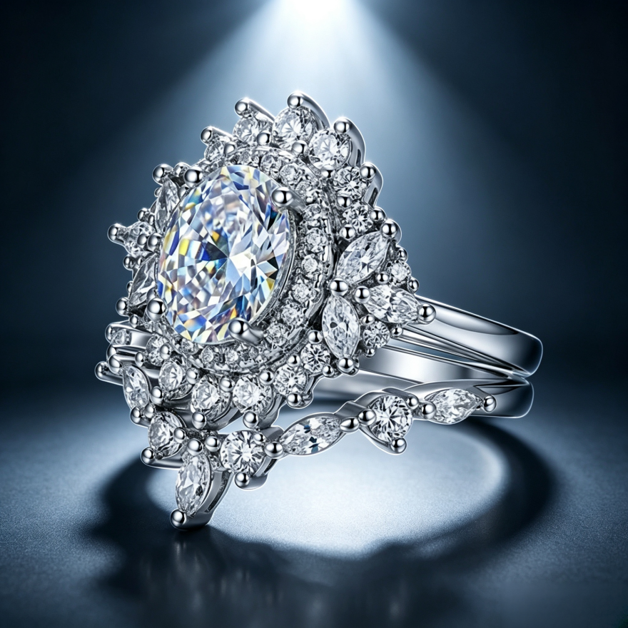 Oval‑Center‑Stone Sunflower Halo Stackable Ring Set