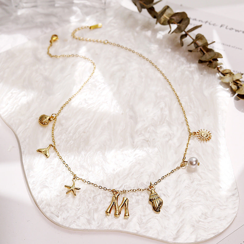 Ocean Vacation Multi-Charm Initial Choker, Starfish Shell Mermaid Tail Sun Pearl Custom Letter Thin Necklace for Women