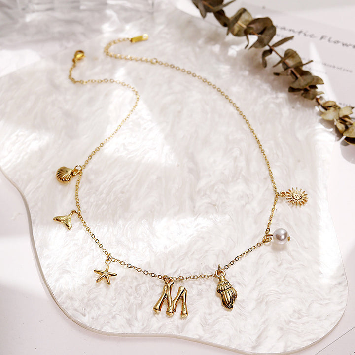 Ocean Vacation Multi-Charm Initial Choker, Starfish Shell Mermaid Tail Sun Pearl Custom Letter Thin Necklace for Women