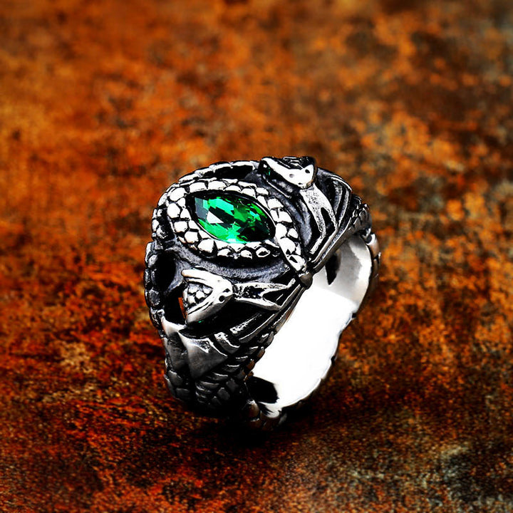 Vintage Antique Double Snake Wrap Green Diamond Ring, Dark Punk Sculpted Men’s Statement Band