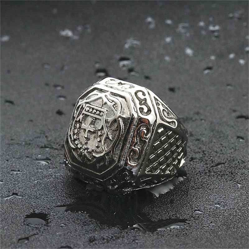 Vintage Embossed Cross Floral Hexagon Signet Ring, S925 Silver Antiqued European Royal Wide Band For Men