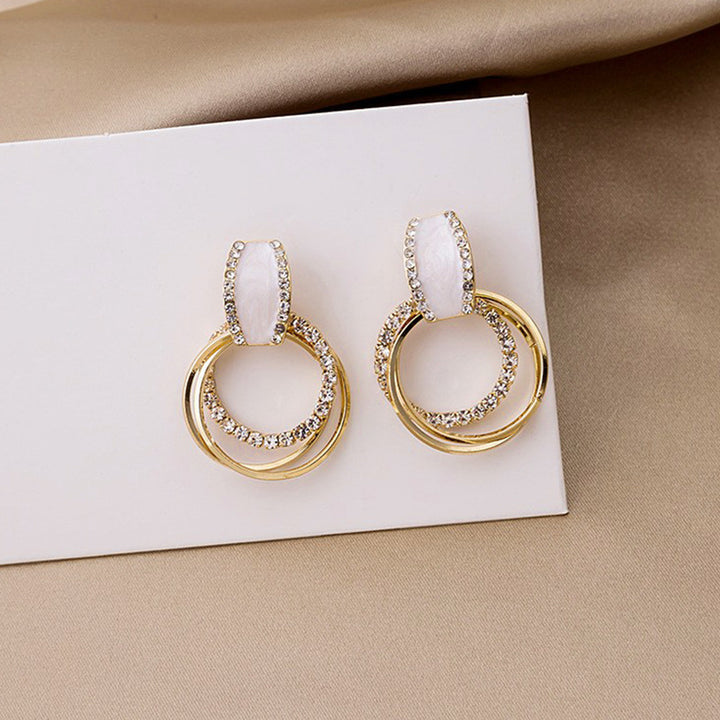 Iridescent Shell & Double Circle Pave Earrings (Light Luxury Minimalist Elegance Style)