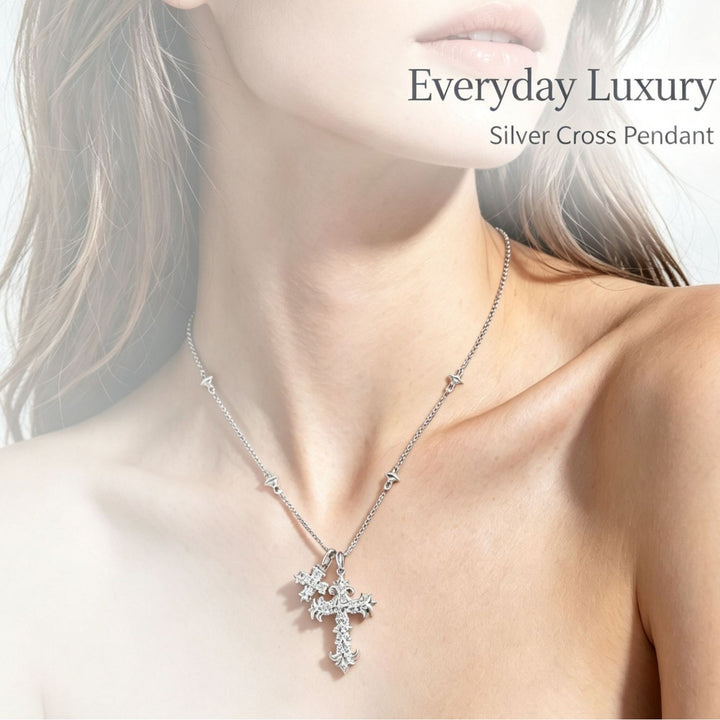 Vintage Double Cross Diamond Necklace, S925 Sterling Silver Gothic Twin Cross Pendant, Gold & Silver Two-Tone Unique Clavicle Chain