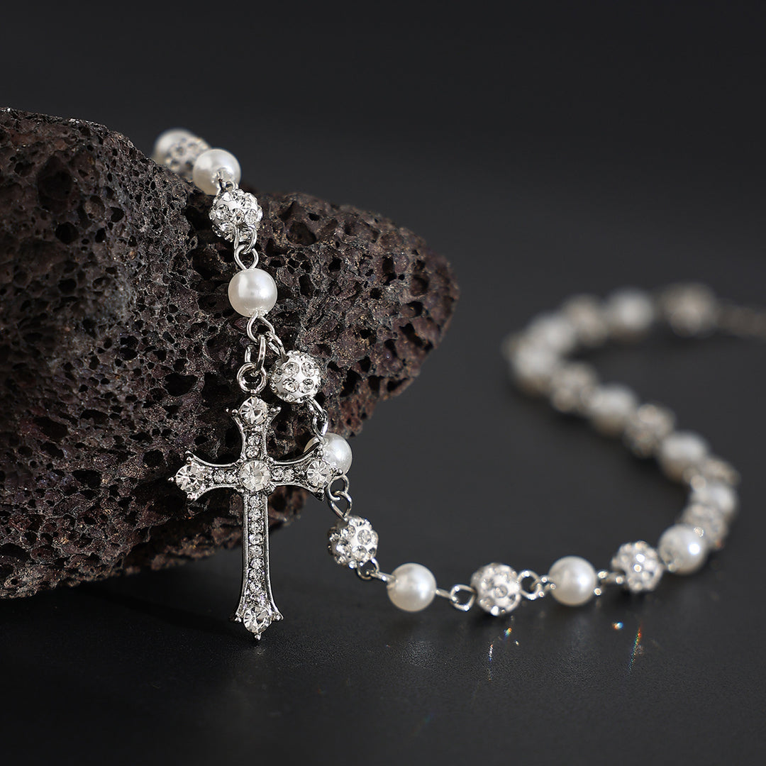 Pearl & Diamond Cross Pendant Necklace (Y2K Edgy Choker)