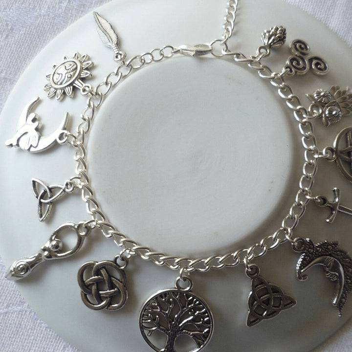 Celtic Mystical Symbol Multi-Charm Antiqued Bracelet, Solid S925 Silver Pagan Witch Sun Moon Tree of Life Multi-Pendant Wrist Jewelry