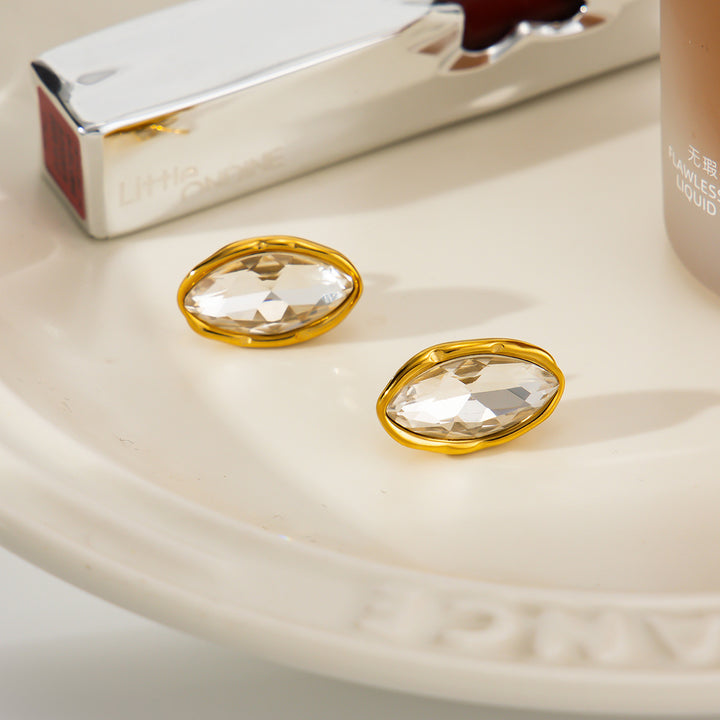 Irregular Wavy Marquise Diamond Stud Earrings, Vintage Gold-Plated Commuter Oval Diamond Earrings
