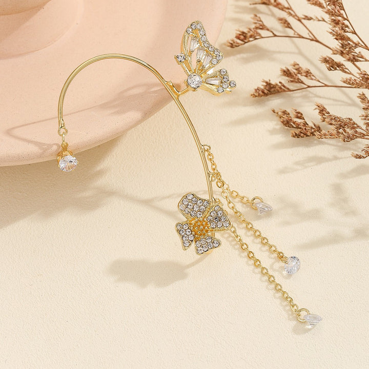 Butterfly Flower Tassel Integrated Ear Cuff, Non-Pierced Paved Diamond Long Ear Wrap Gold & Silver Fairy Dangle Jewelry